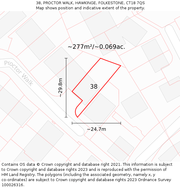 38, PROCTOR WALK, HAWKINGE, FOLKESTONE, CT18 7QS: Plot and title map