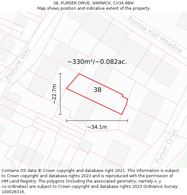 38, PURSER DRIVE, WARWICK, CV34 6BW: Plot and title map