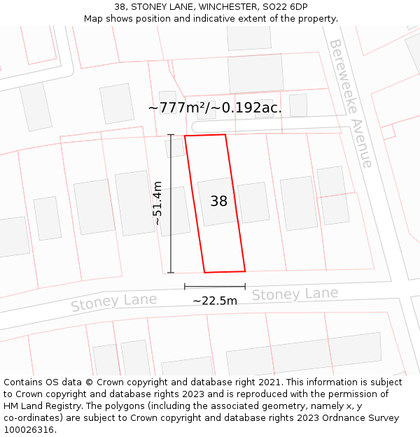 38, STONEY LANE, WINCHESTER, SO22 6DP: Plot and title map