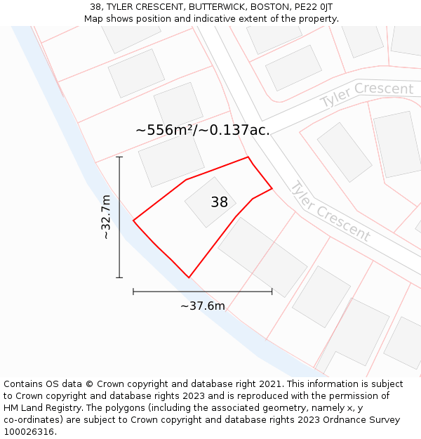 38, TYLER CRESCENT, BUTTERWICK, BOSTON, PE22 0JT: Plot and title map