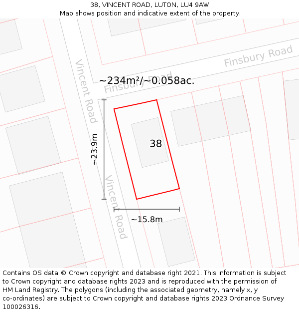 38, VINCENT ROAD, LUTON, LU4 9AW: Plot and title map