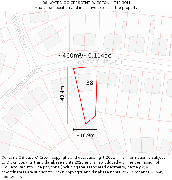 38, WATERLOO CRESCENT, WIGSTON, LE18 3QH: Plot and title map