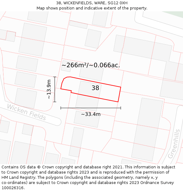 38, WICKENFIELDS, WARE, SG12 0XH: Plot and title map