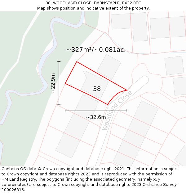 38, WOODLAND CLOSE, BARNSTAPLE, EX32 0EG: Plot and title map