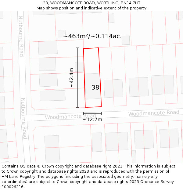 38, WOODMANCOTE ROAD, WORTHING, BN14 7HT: Plot and title map