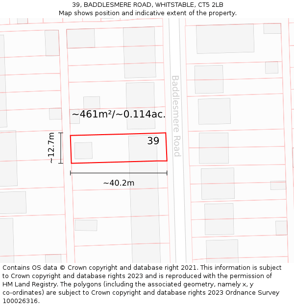 39, BADDLESMERE ROAD, WHITSTABLE, CT5 2LB: Plot and title map