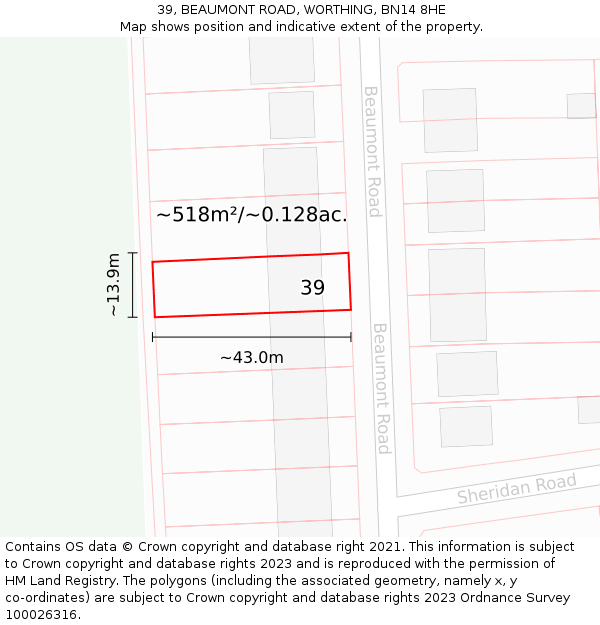 39, BEAUMONT ROAD, WORTHING, BN14 8HE: Plot and title map