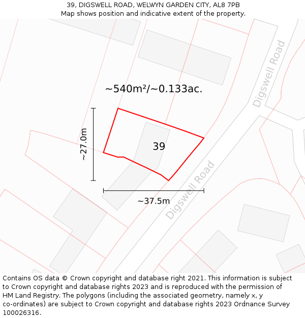 39, DIGSWELL ROAD, WELWYN GARDEN CITY, AL8 7PB: Plot and title map