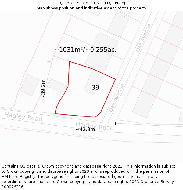 39, HADLEY ROAD, ENFIELD, EN2 8JT: Plot and title map