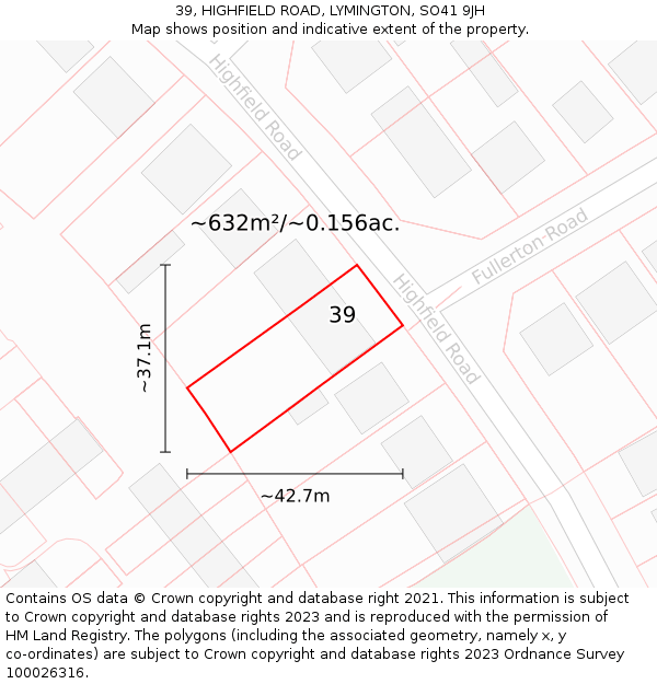 39, HIGHFIELD ROAD, LYMINGTON, SO41 9JH: Plot and title map