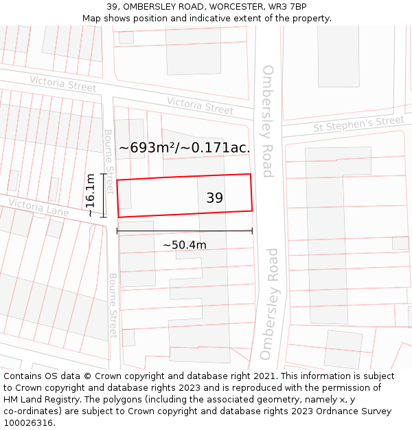 39, OMBERSLEY ROAD, WORCESTER, WR3 7BP: Plot and title map