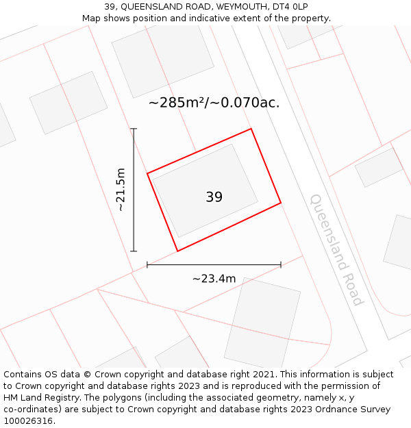 39, QUEENSLAND ROAD, WEYMOUTH, DT4 0LP: Plot and title map