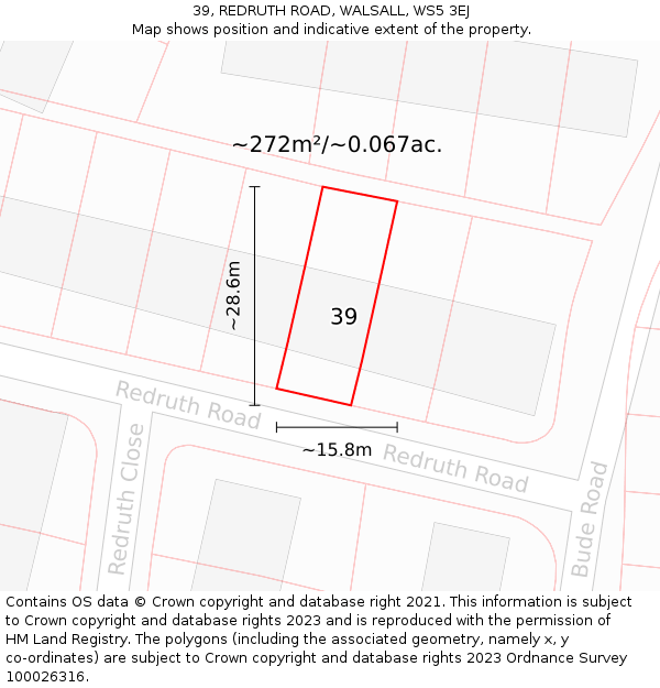 39, REDRUTH ROAD, WALSALL, WS5 3EJ: Plot and title map