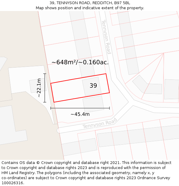 39, TENNYSON ROAD, REDDITCH, B97 5BL: Plot and title map