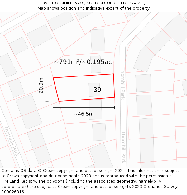 39, THORNHILL PARK, SUTTON COLDFIELD, B74 2LQ: Plot and title map