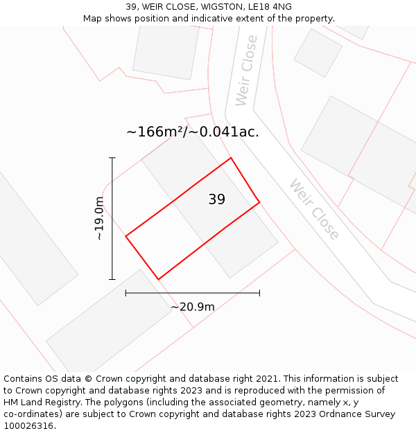 39, WEIR CLOSE, WIGSTON, LE18 4NG: Plot and title map
