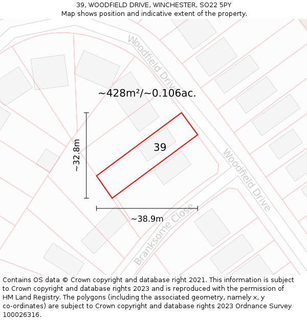 39, WOODFIELD DRIVE, WINCHESTER, SO22 5PY: Plot and title map