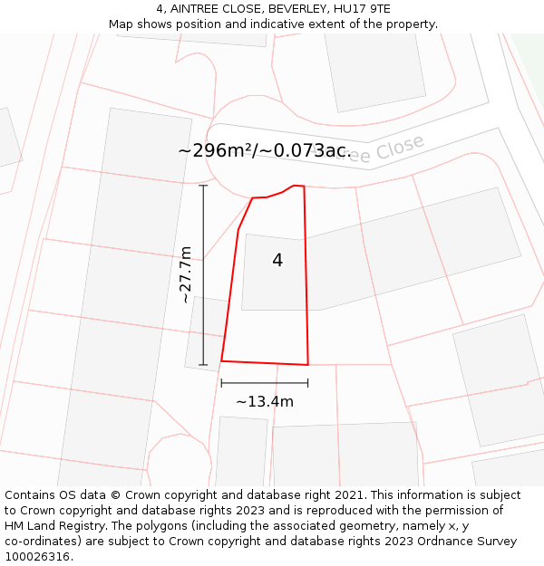 4, AINTREE CLOSE, BEVERLEY, HU17 9TE: Plot and title map