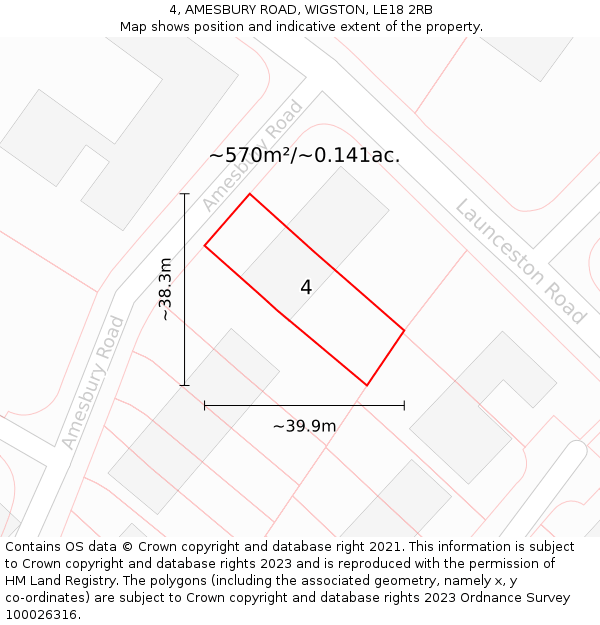 4, AMESBURY ROAD, WIGSTON, LE18 2RB: Plot and title map