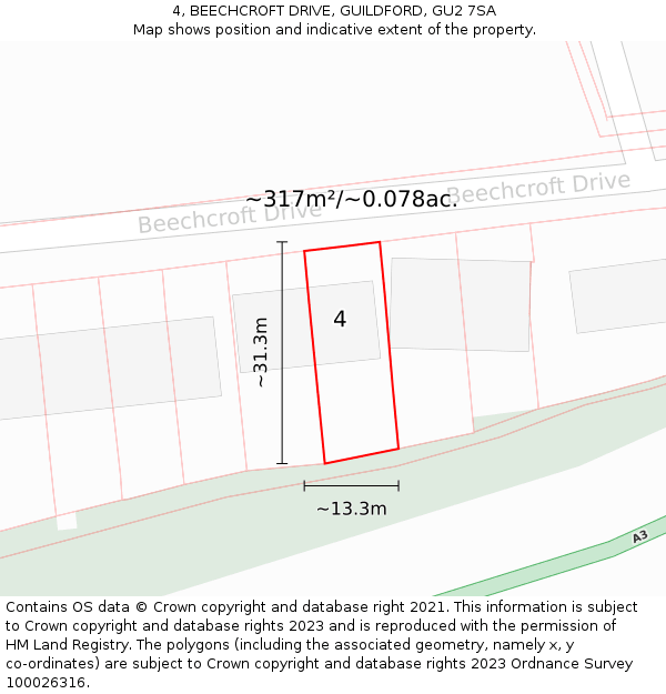 4, BEECHCROFT DRIVE, GUILDFORD, GU2 7SA: Plot and title map