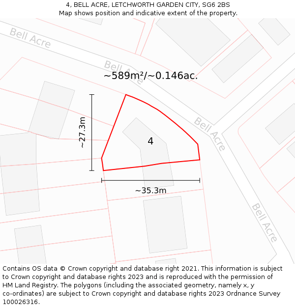 4, BELL ACRE, LETCHWORTH GARDEN CITY, SG6 2BS: Plot and title map