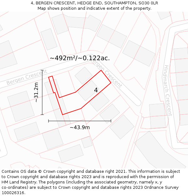 4, BERGEN CRESCENT, HEDGE END, SOUTHAMPTON, SO30 0LR: Plot and title map