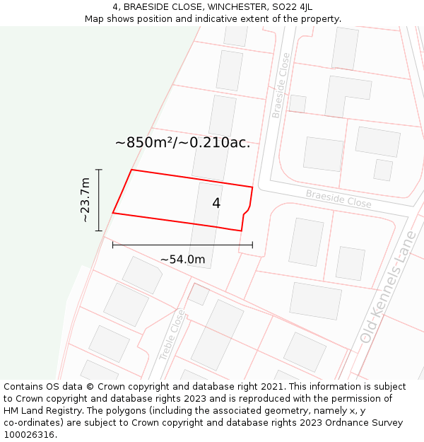 4, BRAESIDE CLOSE, WINCHESTER, SO22 4JL: Plot and title map