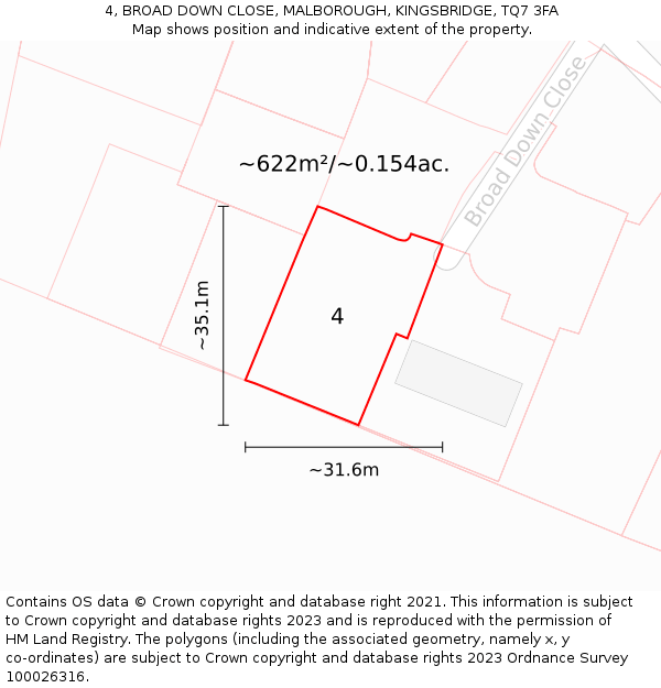 4, BROAD DOWN CLOSE, MALBOROUGH, KINGSBRIDGE, TQ7 3FA: Plot and title map