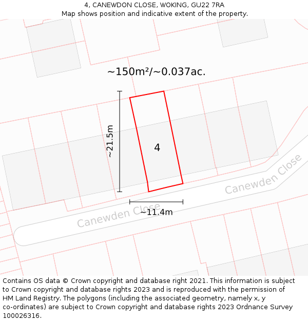 4, CANEWDON CLOSE, WOKING, GU22 7RA: Plot and title map