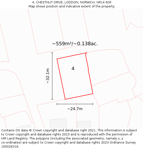 4, CHESTNUT DRIVE, LODDON, NORWICH, NR14 6GF: Plot and title map