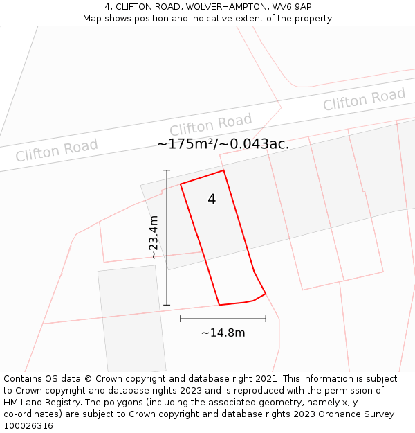 4, CLIFTON ROAD, WOLVERHAMPTON, WV6 9AP: Plot and title map