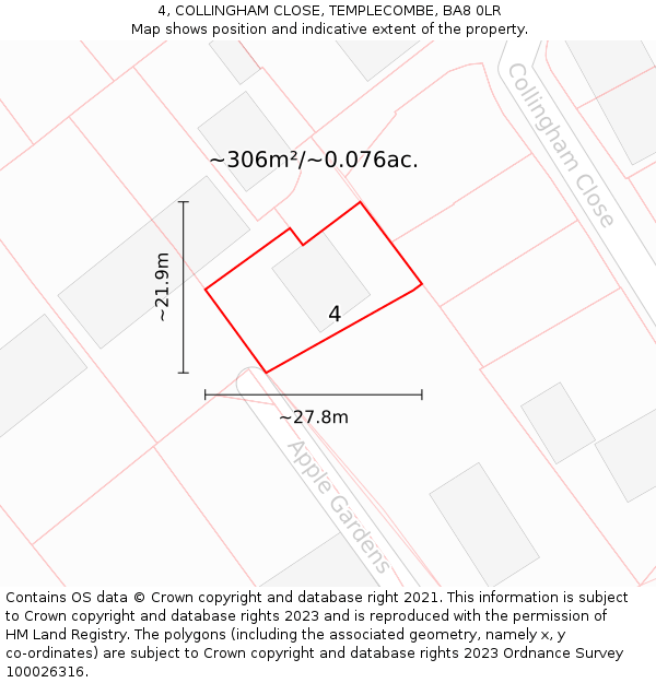 4, COLLINGHAM CLOSE, TEMPLECOMBE, BA8 0LR: Plot and title map