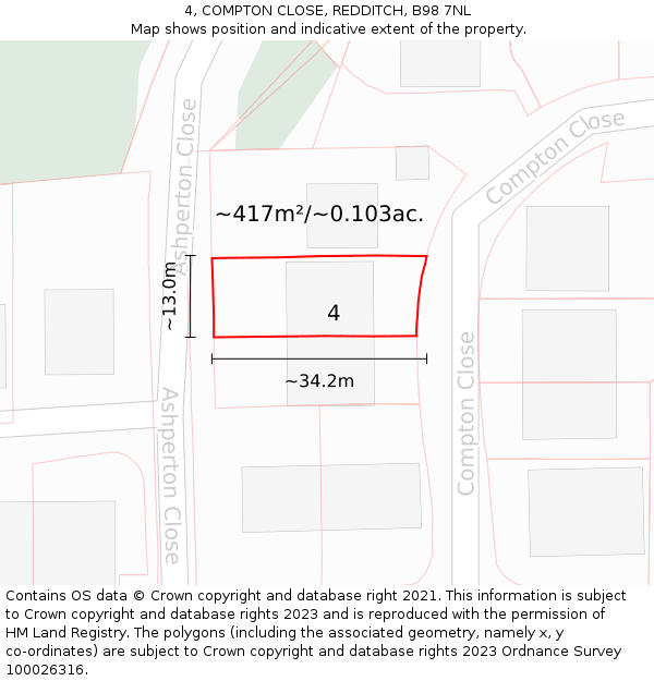 4, COMPTON CLOSE, REDDITCH, B98 7NL: Plot and title map