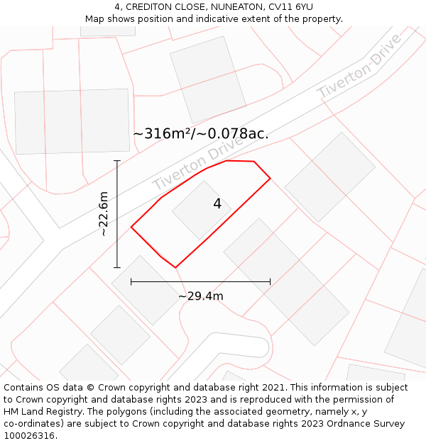 4, CREDITON CLOSE, NUNEATON, CV11 6YU: Plot and title map