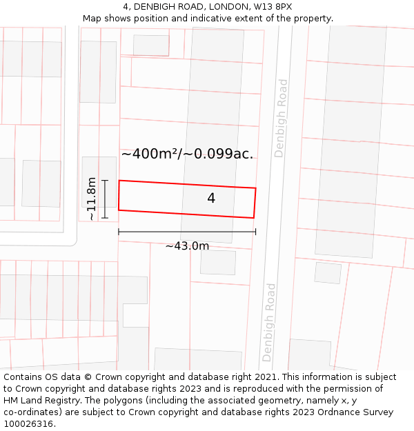 4, DENBIGH ROAD, LONDON, W13 8PX: Plot and title map