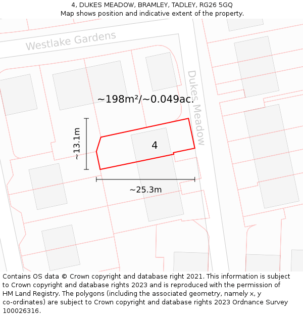 4, DUKES MEADOW, BRAMLEY, TADLEY, RG26 5GQ: Plot and title map