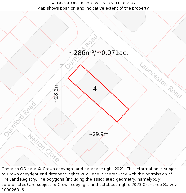 4, DURNFORD ROAD, WIGSTON, LE18 2RG: Plot and title map