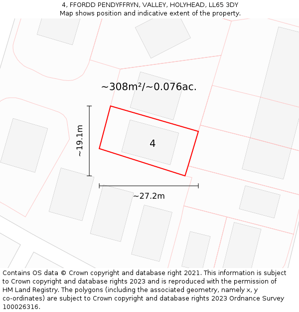 4, FFORDD PENDYFFRYN, VALLEY, HOLYHEAD, LL65 3DY: Plot and title map