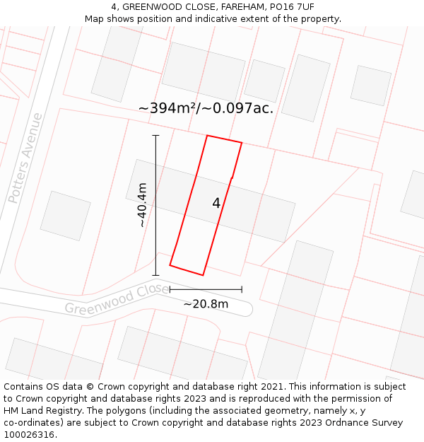 4, GREENWOOD CLOSE, FAREHAM, PO16 7UF: Plot and title map