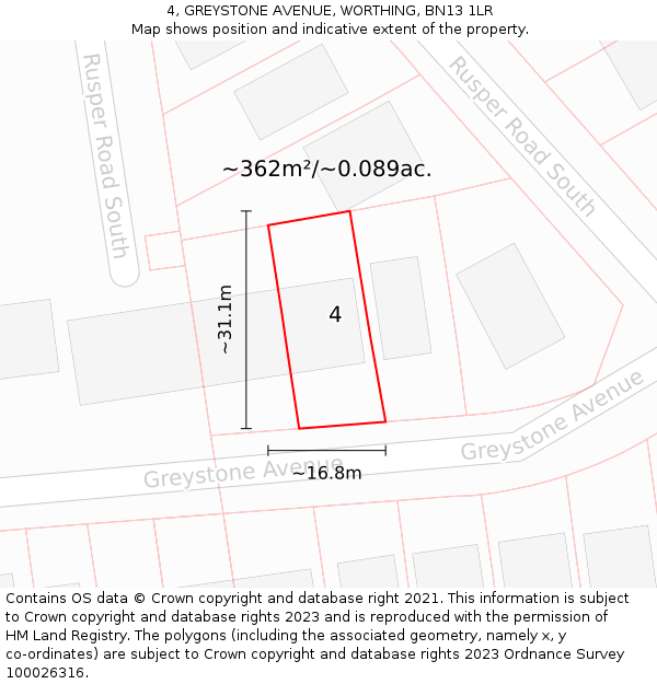 4, GREYSTONE AVENUE, WORTHING, BN13 1LR: Plot and title map