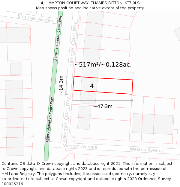 4, HAMPTON COURT WAY, THAMES DITTON, KT7 0LS: Plot and title map