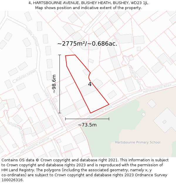 4, HARTSBOURNE AVENUE, BUSHEY HEATH, BUSHEY, WD23 1JL: Plot and title map