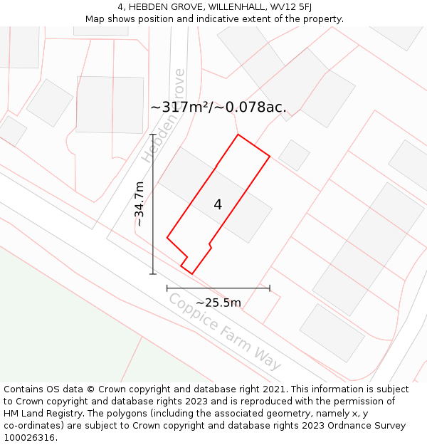 4, HEBDEN GROVE, WILLENHALL, WV12 5FJ: Plot and title map