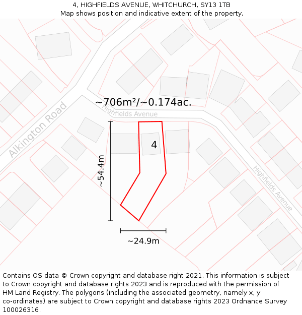 4, HIGHFIELDS AVENUE, WHITCHURCH, SY13 1TB: Plot and title map