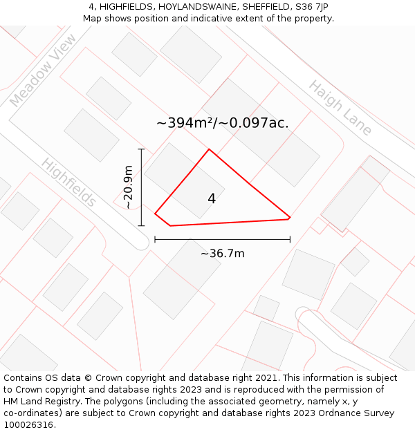 4, HIGHFIELDS, HOYLANDSWAINE, SHEFFIELD, S36 7JP: Plot and title map