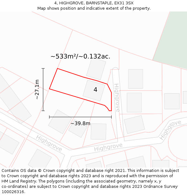 4, HIGHGROVE, BARNSTAPLE, EX31 3SX: Plot and title map