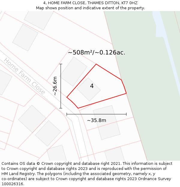 4, HOME FARM CLOSE, THAMES DITTON, KT7 0HZ: Plot and title map