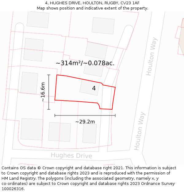 4, HUGHES DRIVE, HOULTON, RUGBY, CV23 1AF: Plot and title map