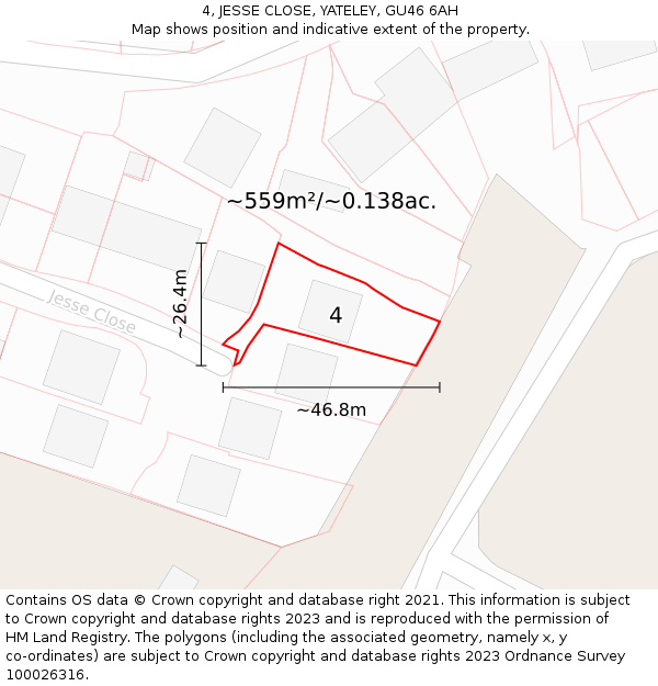 4, JESSE CLOSE, YATELEY, GU46 6AH: Plot and title map