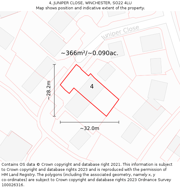 4, JUNIPER CLOSE, WINCHESTER, SO22 4LU: Plot and title map